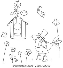 Simple coloring for kids. A bird in boots and a hat stands near a birdhouse with a flowering branch