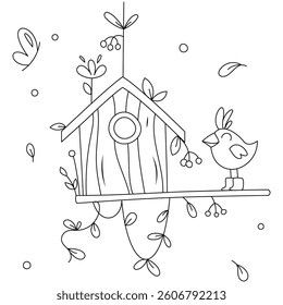Simple coloring for kids. A bird with feathers on its head in boots stands near its nest, a birdhouse, a butterfly flies, spring blossoms