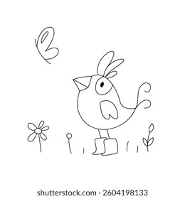 Simple coloring for kids. Cute bird in pants in boots admires a butterfly