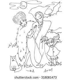 The simple coloring on Halloween theme made by hand drawing with black pencil on a white background