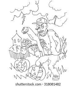 The simple coloring on Halloween theme made by hand drawing with black pencil on a white background