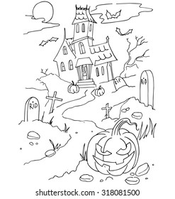 The simple coloring on Halloween theme made by hand drawing with black pencil on a white background