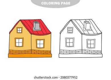 Página de coloreado simple. Ilustración en blanco y negro de una casa. Vector de blanco. Versión en color y en blanco y negro