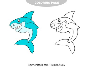 Simple coloring page. Black and White Cartoon Vector Illustration of Shark Fish Sea Life Animal for Coloring Book. Color and black and white version