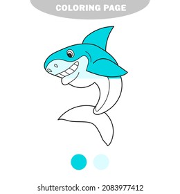 Página de coloreado simple. Vector de dibujos animados en blanco y negro Ilustración del animal de la vida en el mar de peces de tiburón. Imagen semipintada con muestras de color