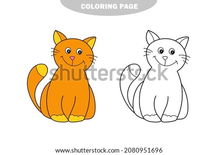 Simple coloring page. Black and white coloring for children. A nice kitten. A vector illustration. Color and black and white version