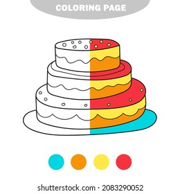 Simple coloring page. Coloring book with cake. Sketch on white. Vector for kids. Half painted picture with color samples