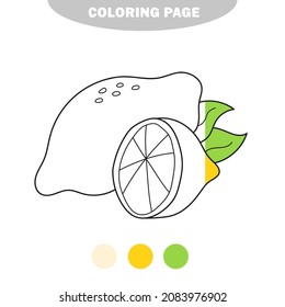 Simple coloring page. Coloring Book Cartoon Illustration of Funny Lemon for Children. Half painted picture with color samples