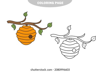 Simple coloring page. Coloring book for children, Bee hive on white. Color and black and white version