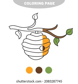 Simple coloring page. Coloring book for children, Bee hive on white. Half painted picture with color samples