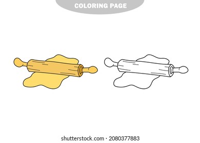 Simple coloring page. Coloring book for kids. Kitchen - Rolling pin and dough. Vector Illustration. Color and black and white version