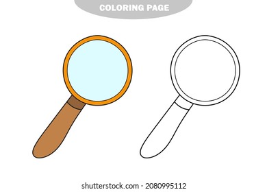 Simple coloring page. Coloring book, magnifying glass vector image for kids. Color and black and white version