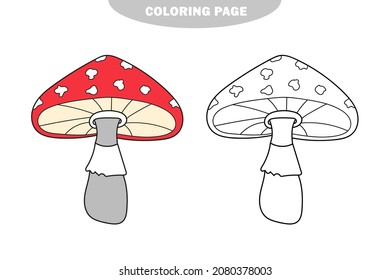 Simple coloring page. Coloring book page template with fly agaric mushroom. Vector illustration. Color and black and white version