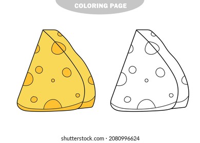 Simple coloring page. Coloring book page template with cheese. Vector illustration for kids. Color and black and white version