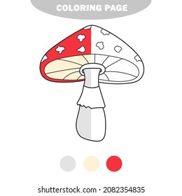 Simple coloring page. Coloring book page template with fly agaric mushroom. Vector illustration. Half painted picture with color samples