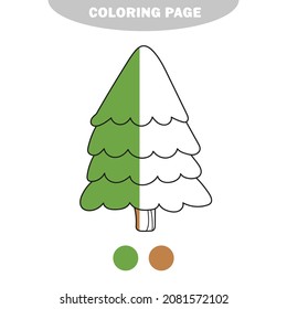 Simple coloring page. Cartoon vector outline illustration fir tree - coloring book for kids. Easy level. Half painted picture with color samples