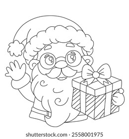 Simple coloring page of a cheerful Santa Claus holding a wrapped gift with a bow