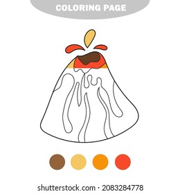 Simple coloring page. Simple children coloring book - volcano. Vector linear stylized image for creativity. Half painted picture with color samples