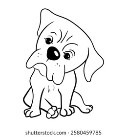 A simple coloring page for children with a bulldog puppy. Vector linear black and white drawing of a dog for children's book, sticker, sticker