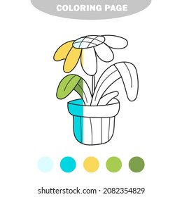 Simple coloring page. Cute Daisy Flower plant, hand drawn stock vector illustration isolated on white. Half painted picture with color samples