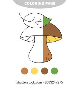 Simple coloring page. Cute edible mushroom in cartoon style. Vector hand drawn illustration. Half painted picture with color samples