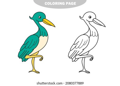 Simple coloring page. Cute funny cartoon style coloring bird illustration. Stork, heron. Color and black and white version