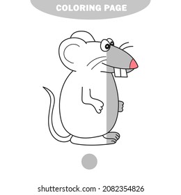 Simple coloring page. A cute gray rat is sitting - linear vector illustration for coloring. Half painted picture with color samples