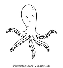 A simple coloring page with a cute octopus. Black and white doodle sea creature.