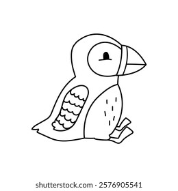 A simple coloring page with a cute puffin. A fun black and white bird. Children education print.