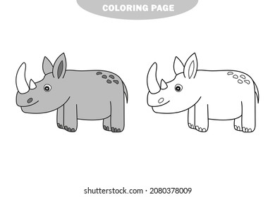 Simple coloring page. Cute rhinoceros. Vector illustration of cute cartoon rhinoceros character for children. Color and black and white version