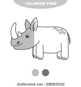 Simple coloring page. Cute rhinoceros. Vector illustration of cute cartoon rhinoceros character for children. Half painted picture with color samples