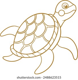 A simple coloring page drawing of a sea turtle with intricate patterns on its shell, such as circles