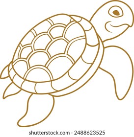 A simple coloring page drawing of a sea turtle with intricate patterns on its shell, such as circles