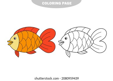 Página de coloreado simple. Hoja de trabajo de dibujo para niños en edad preescolar con un nivel de juego fácil - Pescado. Versión en color y en blanco y negro