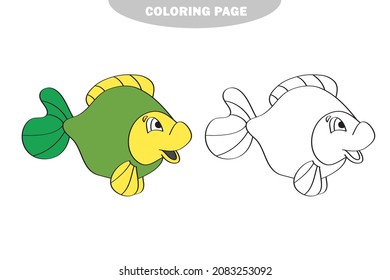 Página de coloreado simple. Hoja de trabajo de dibujo para niños en edad preescolar con un nivel de juego fácil - Pescado. Versión en color y en blanco y negro