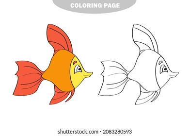 Simple coloring page. Drawing worksheet for preschool kids with easy gaming level - Fish. Color and black and white version