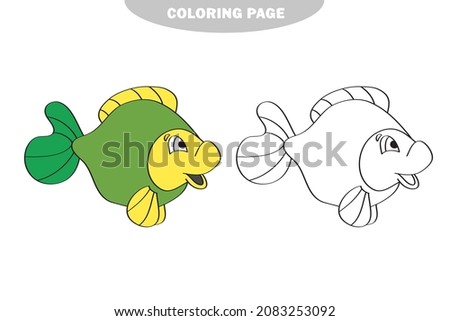 Simple coloring page. Drawing worksheet for preschool kids with easy gaming level - Fish. Color and black and white version