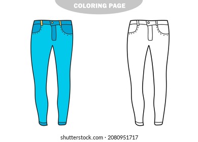 Simple coloring page. Easy coloring book for children and kids, Jeans for girls. Color and black and white version