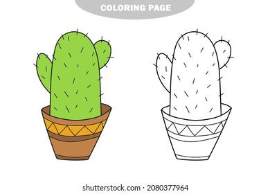 Página de coloreado simple. Simple juego educativo para los niños. Ilustración vectorial de cactus en una tierna olla. Versión en color y en blanco y negro