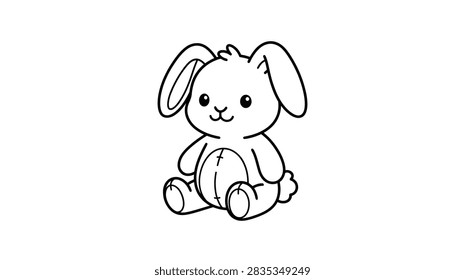 A simple coloring page featuring a cartoon style stuffed rabbit toy with floppy ears and a stitched belly sitting down
