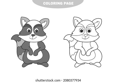Simple coloring page. Forest animal raccoon doodle cartoon simple illustration. Color and black and white version