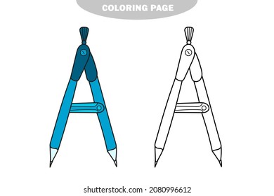 Simple coloring page. Geometry compass divider outline vector icon for coloring book. School instrument. Color and black and white version