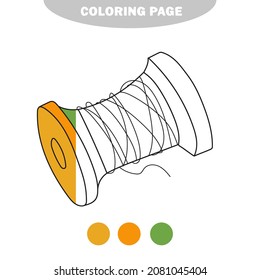 Simple coloring page. Hand drawn vector illustration wooden spool thread, coloring book. Half painted picture with color samples