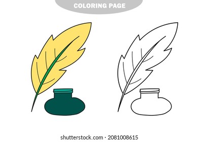 Página de coloreado simple. Inkpot y plumas. Iconos de ilustración vectorial de estilo de dibujos animados. Aislado sobre fondo blanco. Versión en color y en blanco y negro
