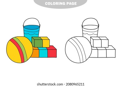 Simple coloring page. Kids toys. Black and white outline for coloring. Vector on white. Color and black and white version