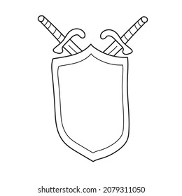 Página de coloreado simple. Decoración de paredes históricas en blanco y negro de arte lineal. Espada medieval y escudo accesorios del festival. Ilustración vectorial de cuento de hadas