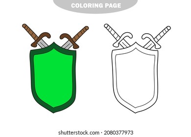 Página de coloreado simple. Decoración de paredes históricas en blanco y negro de arte lineal. Espada medieval y escudo accesorios del festival. Versión en color y en blanco y negro