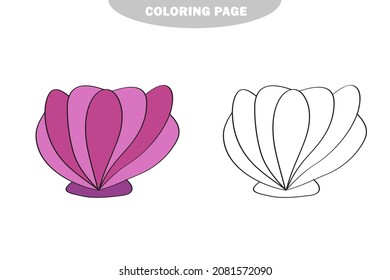 Simple coloring page. Line drawn seashell on white isolated background. Summer ocean object. Color and black and white version