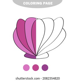 Simple coloring page. Line drawn seashell on white isolated background. Summer ocean object. Color and black and white version. Half painted picture.