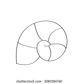 Simple coloring page. Line drawn round seashell on white isolated background. Summer ocean object. For coloring book pages.